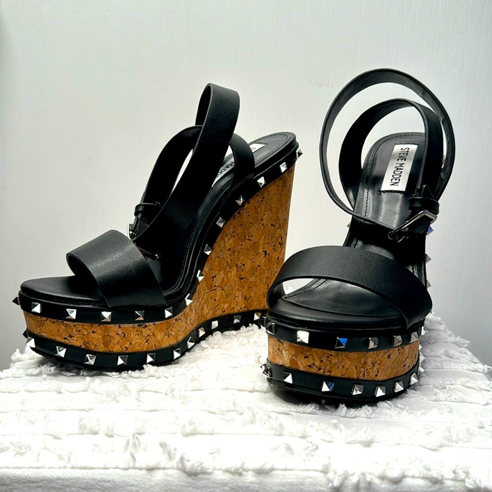 Steve Madden Behati Cork Wedge with Silver Studs